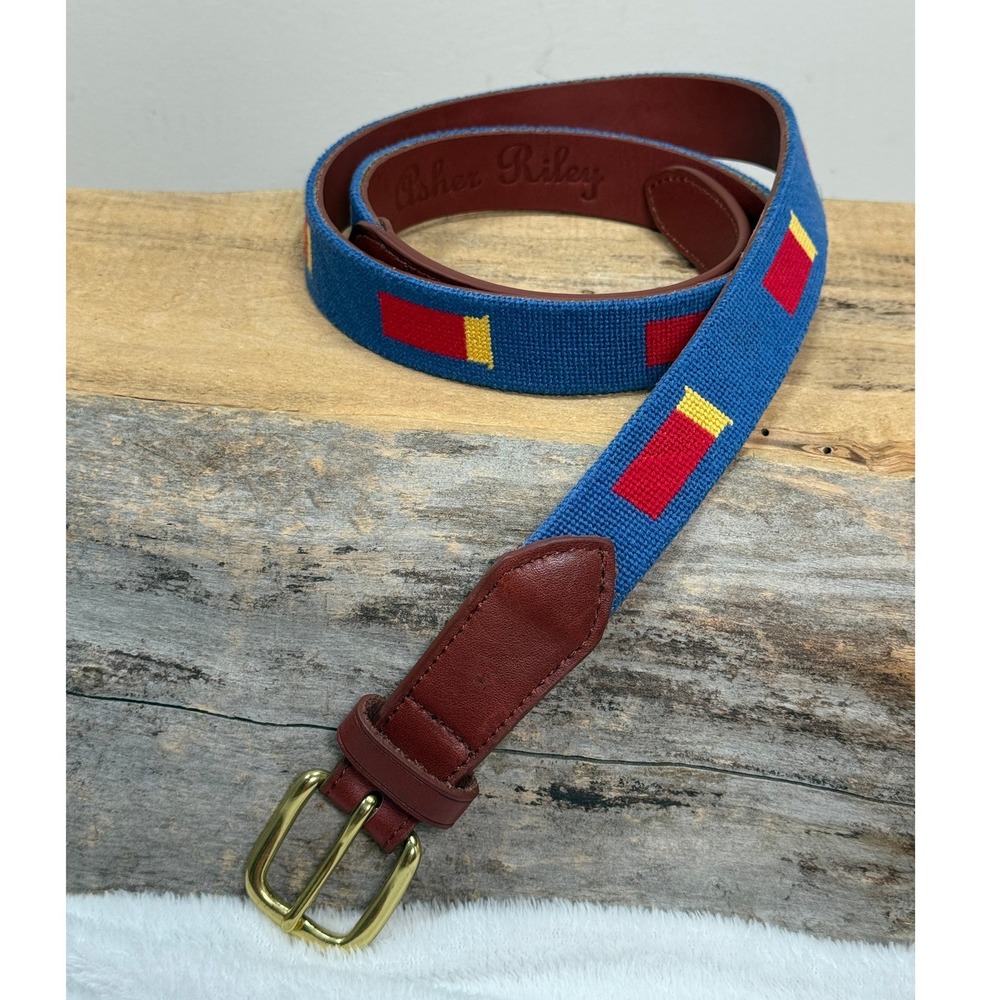 Asher Riley Mens Needlepoint Belt 40 Blue Leather Shotgun Shells Brass Buckle - Picture 3 of 7